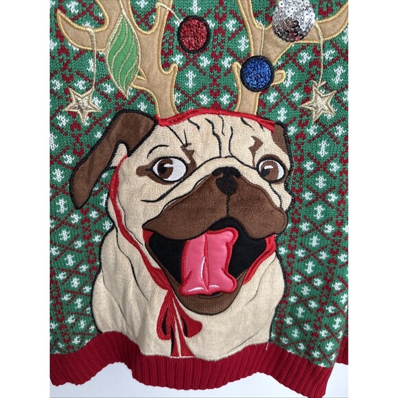 Ugly Christmas Sweater Pug Dog Reindeer Knit Pullover Large 14 16 Blizzard Bay - Picture 2 of 5